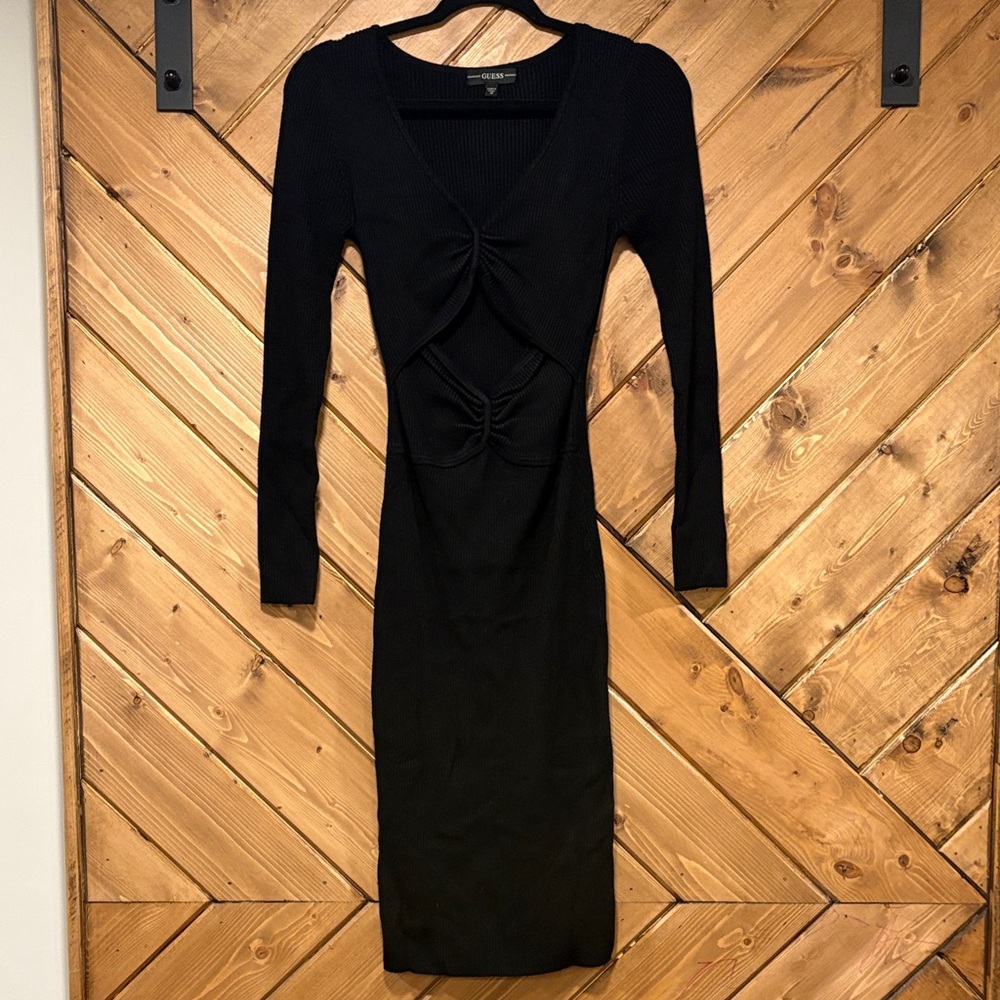 Guess Twist Cut Out Front Black Long Sleeve V Neck Dress Medium